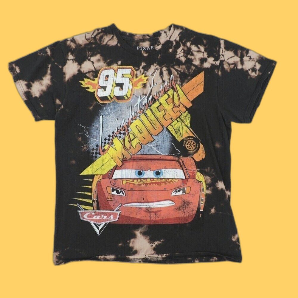 Disney Pixar Lightning McQueen Shirt Boys Medium Black Acid Wash Tie Dye
